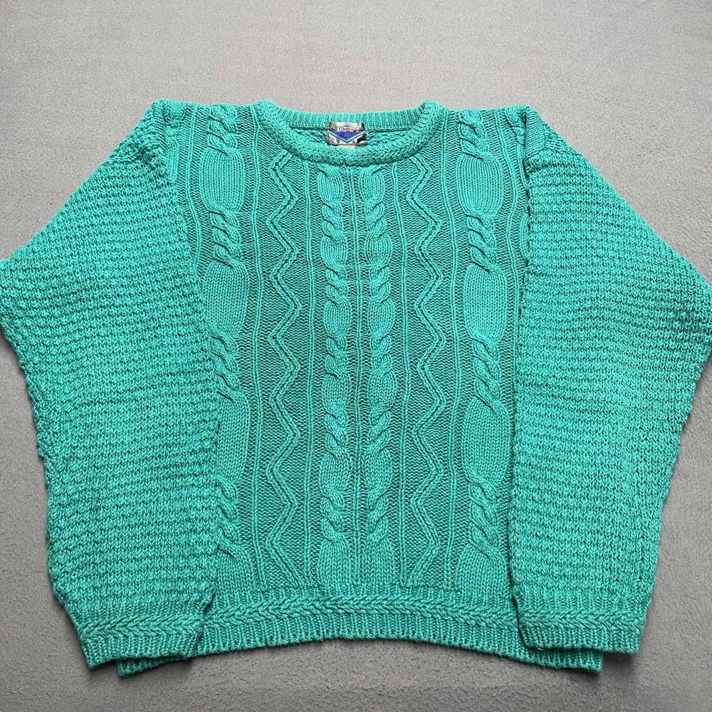Etchings Sweater Mens XL Green Teal Cable Knit Crewneck Ramie Cotton‎ Pullover